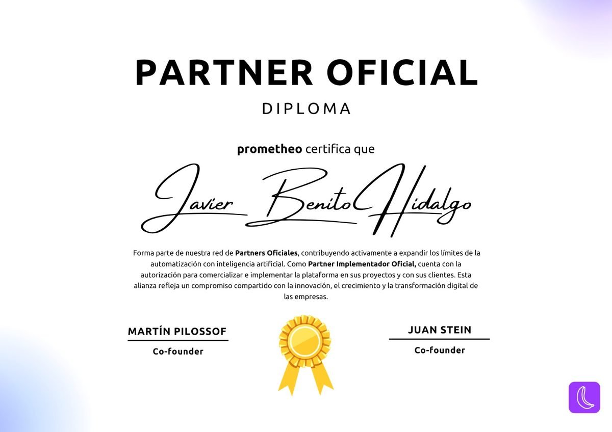 Diploma de Partner Oficial de Prometheo concedido a Javier Benito Hidalgo, con la autorización para comercializar e implementar la plataforma